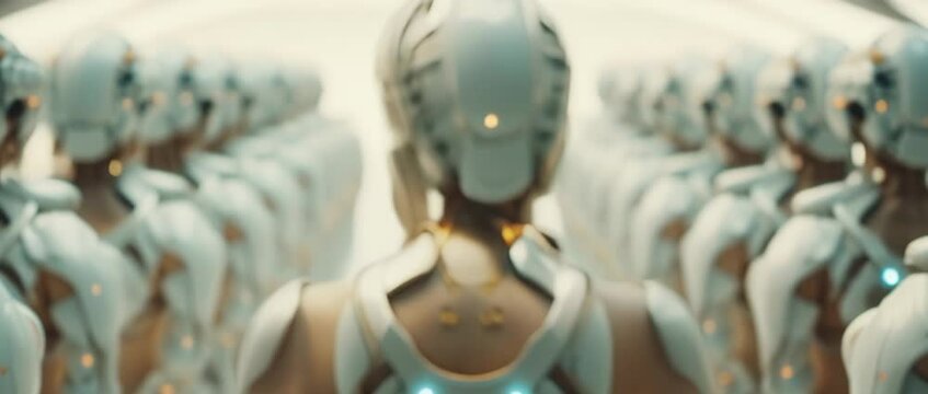 From behind close up shot of female wearing helmet and futuristic outfit standing in front of rows of clones solders. High quality 4K
