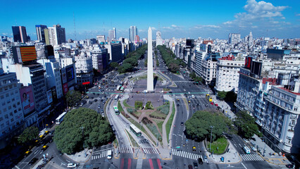 Obelisk Monument Buenos Aires Argentina. Panning wide landscape of tourism landmark downtown of...