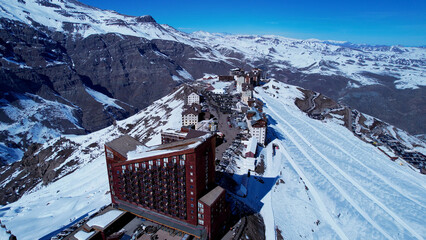 Panoramic view of Ski station centre resort at snowy Andes Mountains near Santiago Chile. Snow...