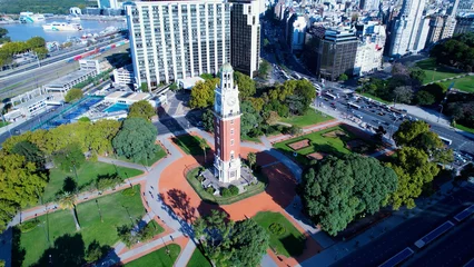 Poster England tower at Buenos Aires Argentina. Panorama landscape of touristic landmark downtown Buenos Aires Argentina. Touristic landmark. Outdoor downtown city. Urban scenery of Buenos Aires city. © ByDroneVideos