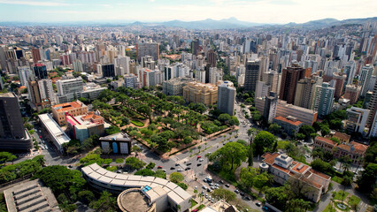 Belo Horizonte Minas Gerais Brazil. Aerial view of landmark at historic centre of downtown city. Tourism postcard. Travel destination. Vacation travel. - obrazy, fototapety, plakaty