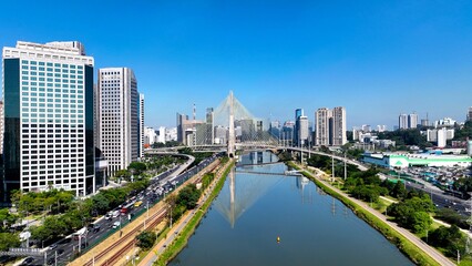 Cable Stayed Bridge At Downtown In Sao Paulo Brazil. Cityscape Bridge. Traffic Road. Sao Paulo Brazil. City Life Landscape. Cable Stayed Bridge At Downtown In Sao Paulo Brazil.