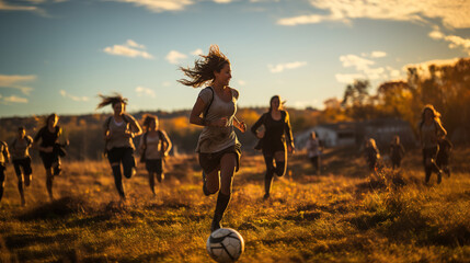 Women's Soccer Match, Athletes Competing on the Field with Afternoon Light, A Spectacle of Female Teamwork and Athletic Excellence
