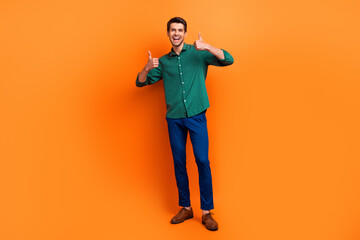 Full body photo of young businessman thumbs up professional recruiter invite junior managers interns isolated on orange color background