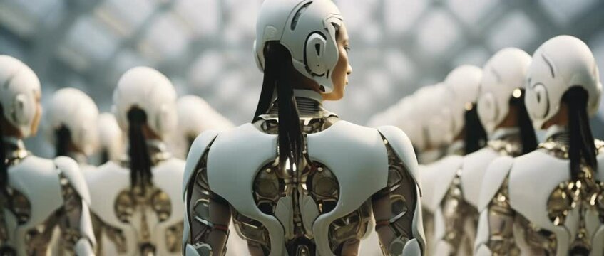 From behind close up shot of female wearing helmet and futuristic outfit standing in front of rows of clones solders. High quality 4K