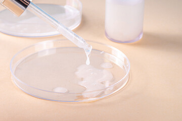 Ceramide barrier serum mockup. A bottle with ceramide or peptide milky white serum, with pipette...
