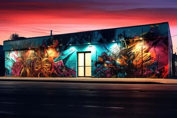 Papier Peint photo Lavable Graffiti Modern night city with colorful 3D graffiti in street, illustration. Generative Ai.