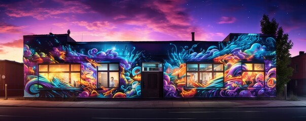 Fototapeta premium Modern night city with colorful 3D graffiti in street, panorama banner. Generative Ai.