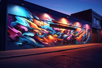 Modern night city with colorful 3D graffiti in street, illustration. Generative Ai.