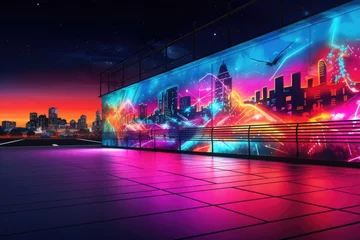 Deurstickers Modern night city with colorful 3D graffiti in street, illustration. Generative Ai. © annamaria