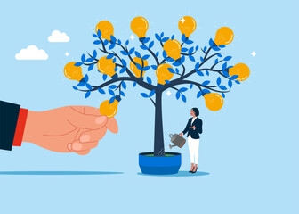 Picking light bulb from money tree. Investment growth and idea. Flat vector illustration