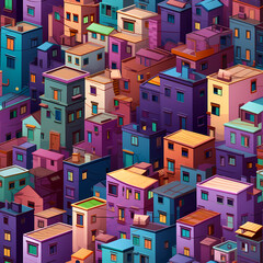 Monotonous cityscape with similar buildings painted bright colors. Purple and orange houses squeezed together in a colorful urban landscape. Seamless pattern illustration