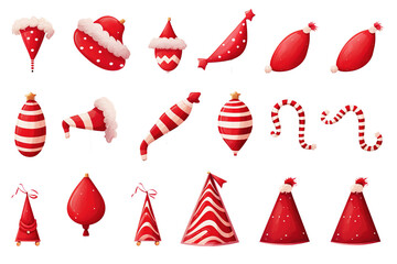 set of cartoon Christmas trees, pines for greeting card, invitation, banner, web, stickers, notes, New Years and xmas traditional symbol tree with garlands, light bulb, star, icons collection