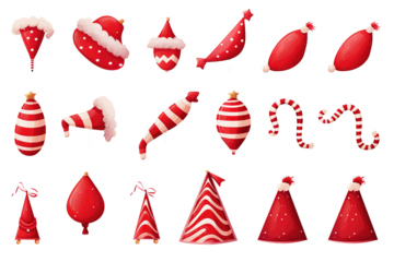 set of cartoon Christmas trees, pines for greeting card, invitation, banner, web, stickers, notes, New Years and xmas traditional symbol tree with garlands, light bulb, star, icons collection