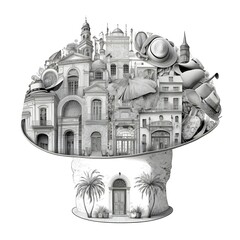 beautiful and interesting international hat collection idsplayed in front of a modern house coloring page intricate details highly detailed perfect composition white background grey line art 