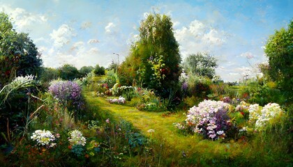 overgrown english garden border landscape many blooms insects photorealism rich saturation hyper detailed panned out high sharpness 
