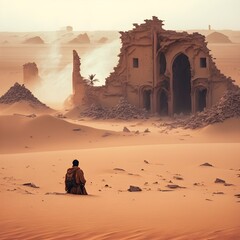 fantasy ruins buried in sand desert landscape sand storm 35 mm photography 70s movie figure in foreground 