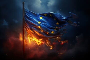 Burning flag of European union at night, 3d illustration - obrazy, fototapety, plakaty