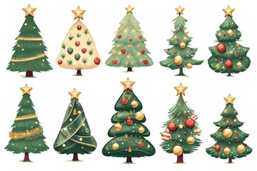 set of cartoon Christmas trees, pines for greeting card, invitation, banner, web, stickers, notes, New Years and xmas traditional symbol tree with garlands, light bulb, star, icons collection
