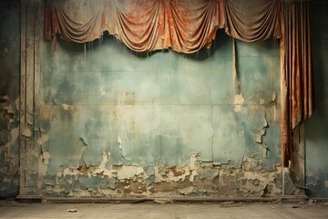a dirty torn red theater curtain against the background of a wall with crumbling plaster. long abandoned theater stage