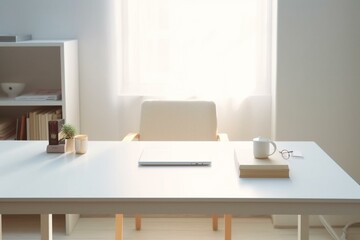 Obraz na płótnie Canvas Unoccupied workplace desk, white table, blurry study space. Generative AI