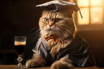 Serious cute fluffy tabby cat graduate in a square academic hat with a glass of dark beer on a blurred background. - obrazy, fototapety, plakaty