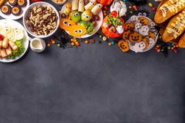 Halloween monster food and snack assortment. Set of funny creative food for children Halloween...