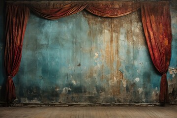 Old red dirty faded theater curtain against the background of a weathered blue wall with cracks on it. Long time Abandoned scene - obrazy, fototapety, plakaty