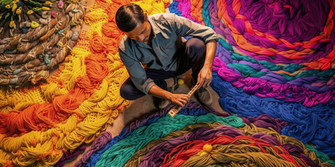 Obraz na płótnie Canvas asian male making a colorful weave mat, in the style of net art.