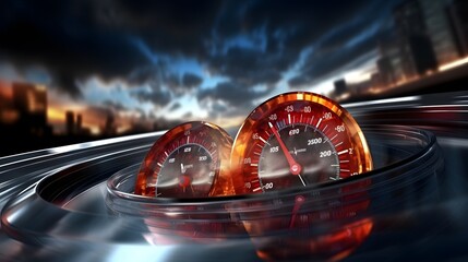 Speedometer scoring high speed in a fast motion blur racetrack background. Speeding Car Background Photo Concept. - obrazy, fototapety, plakaty