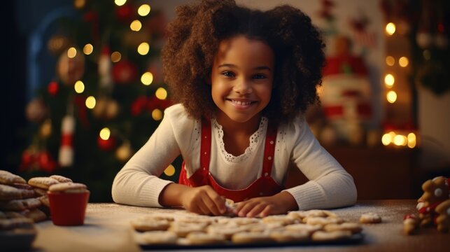 happy funny cute girl bake christmas cookies on cozy kitchen at home