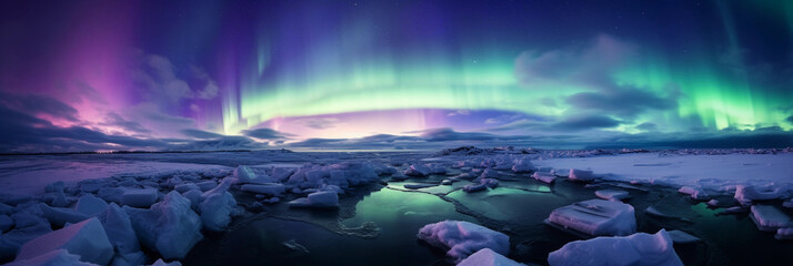 Aurora Borealis, vibrant greens and purples, icy landscape below, wintery