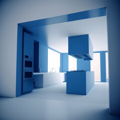 Concept architecture Kitchen minimalsim artistic color bold blue abstract depth of field natural foreground simple inspired by nature 