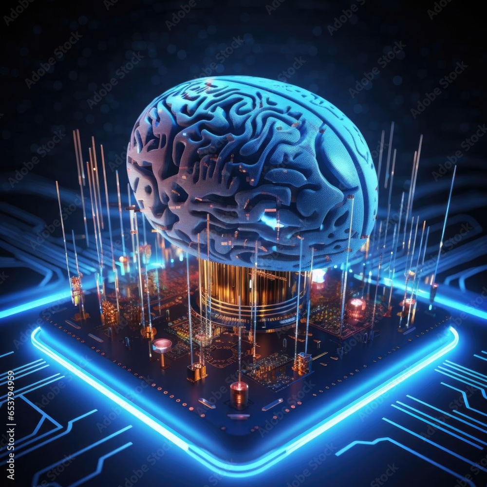 Aufkleber circuit style with brain model. artificial neural network.