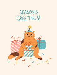 Christmas and New Year greeting holiday card with funny cute cat sitting with gift