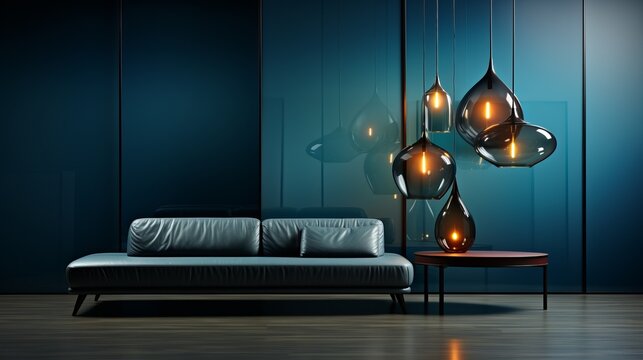 Moderne Ledercouch in einem blau get&ouml;nten Wohnzimer neben modernen gro&szlig;en Glaslampen, die von der Decke h&auml;ngen