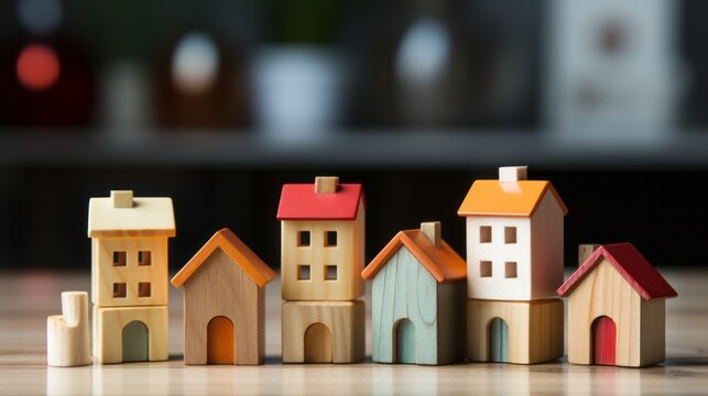 Kleine bunte Miniatur Holzh&auml;user stehen nebeneinander auf einem Tisch