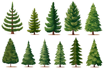 set of cartoon Christmas trees, pines for greeting card, invitation, banner, web, stickers, notes,...