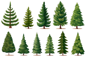 set of cartoon Christmas trees, pines for greeting card, invitation, banner, web, stickers, notes, New Years and xmas traditional symbol tree with garlands, light bulb, star, icons collection