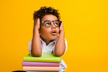 Portrait of intelligent small schoolkid hands touch head pile stack book look empty space isolated...