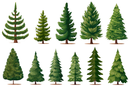 set of cartoon Christmas trees, pines for greeting card, invitation, banner, web, stickers, notes, New Years and xmas traditional symbol tree with garlands, light bulb, star, icons collection