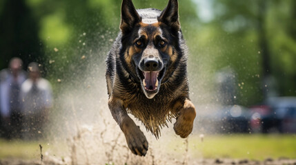 German Shepherd, police K - 9, in action, chasing a toy in training grounds, focus, agility