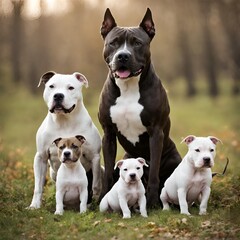 A family of American Staffordshire Terriers sits in the park. Little Amstaff puppies with their parents
