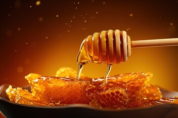 Wooden honey spoon from which honey flows onto the honeycomb on blurred dark yellow background