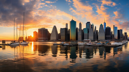 New York skyline at dusk, multiple skyscrapers, reflecting sun’s last rays, Hudson River in the foreground, boats sailing, dramatic sky, ambient city lights turning on - obrazy, fototapety, plakaty