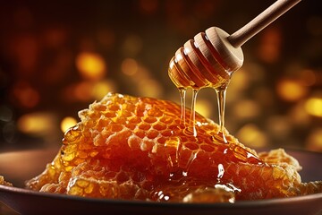 Wooden honey spoon with honey flowing onto honeycombs in a bowl on blurred sparkling yellow background - obrazy, fototapety, plakaty