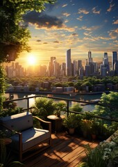 Urban rooftop garden with a lot lush greenery, seating areas, views. Generative Ai.