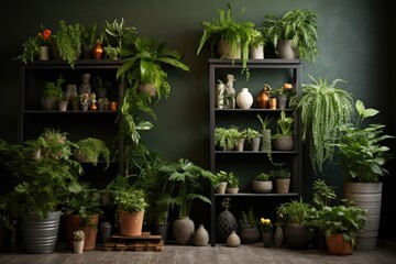 House gardening in the apartment. Scandinavian dark interior style. Generative Ai.