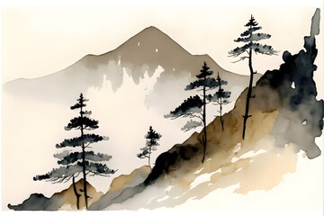 watercolor pales tons japanese mountains japanese landscapes minimalist  - obrazy, fototapety, plakaty
