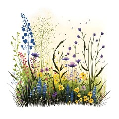 meadow full of flowers cartoon style white background 